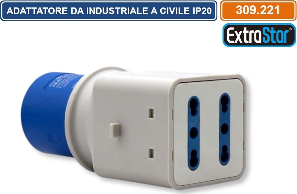 ADATTATORE INDUSTRIALE MONOFASE 1 SPINA CEE INDUSTRIALE 2P+T 6H E 2 PRESE BIPASSO 10/16A 2P+T 250V IP20 - 2