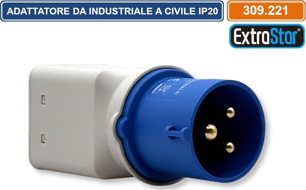 ADATTATORE INDUSTRIALE MONOFASE 1 SPINA CEE INDUSTRIALE 2P+T 6H E 2 PRESE BIPASSO 10/16A 2P+T 250V IP20 - 3