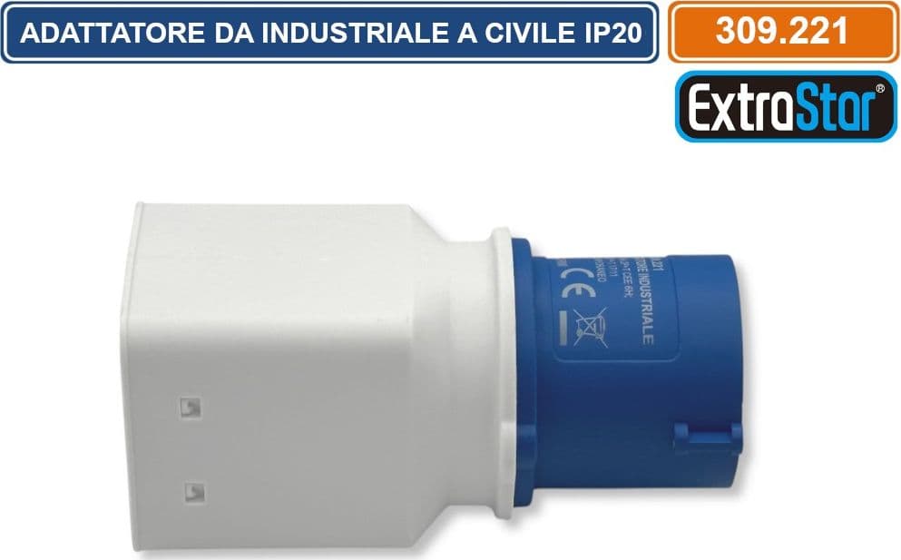 ADATTATORE INDUSTRIALE MONOFASE 1 SPINA CEE INDUSTRIALE 2P+T 6H E 2 PRESE BIPASSO 10/16A 2P+T 250V IP20 - 4