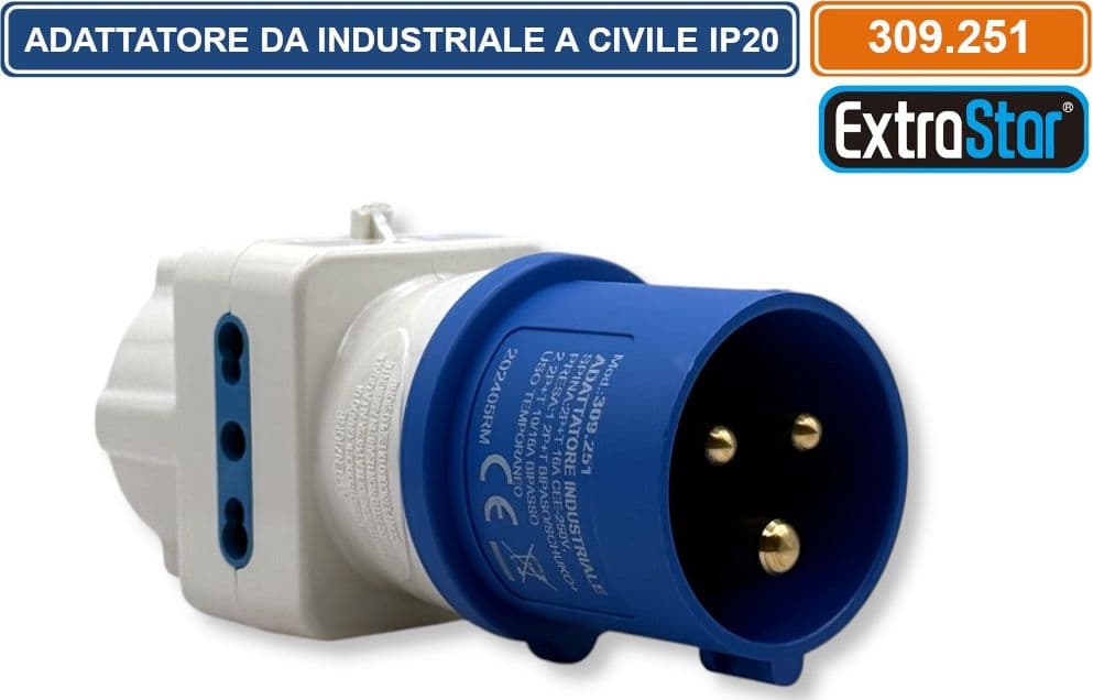 ADATTATORE INDUSTRIALE MONOFASE MULTIPRESA SPINA CEE INDUSTRIALE 16A 2P+T PRESA CENTRALE SCHUKO+10/16A 2P+T E 2 PRESE LATERALI 10/16A 2P+T IP20 - 2
