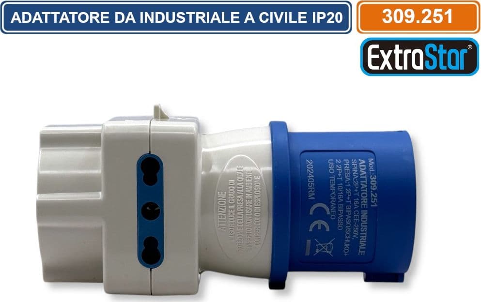 ADATTATORE INDUSTRIALE MONOFASE MULTIPRESA SPINA CEE INDUSTRIALE 16A 2P+T PRESA CENTRALE SCHUKO+10/16A 2P+T E 2 PRESE LATERALI 10/16A 2P+T IP20 - 3