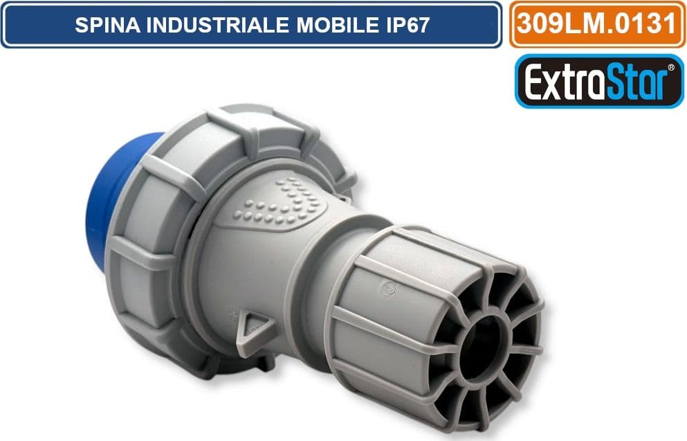 SPINA INDUSTRIALE VOLANTE MONOFASE BLU 16A 2P+E 6H 230V CABLAGGIO A VITE IP67 - 2