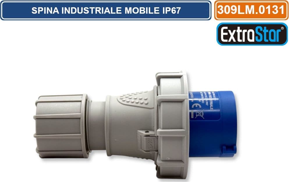 SPINA INDUSTRIALE VOLANTE MONOFASE BLU 16A 2P+E 6H 230V CABLAGGIO A VITE IP67 - 3