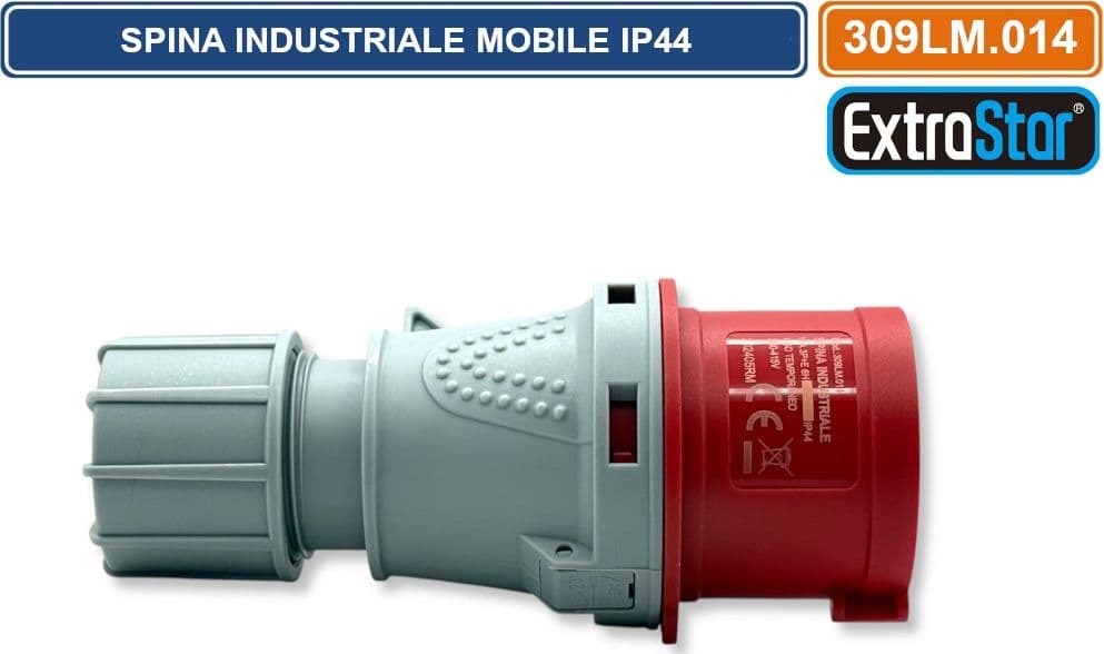 SPINA INDUSTRIALE VOLANTE TRIFASE ROSSA 16A 3P+E 6H 380-415V CABLAGGIO A VITE IP44 - 3