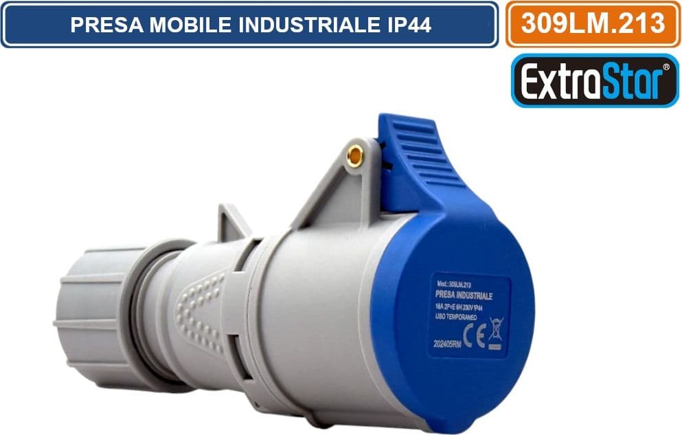 PRESA INDUSTRIALE VOLANTE MONOFASE BLU 16A 2P+E 6H 230V CABLAGGIO A VITE IP44 - 2