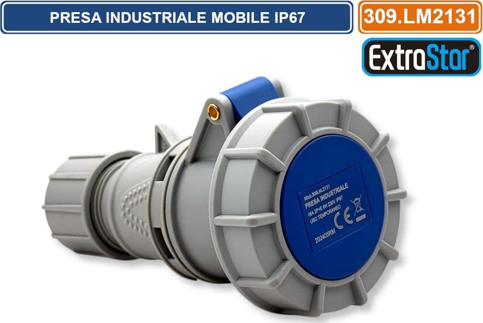 PRESA INDUSTRIALE VOLANTE MONOFASE BLU 16A 2P+E 6H 230V CABLAGGIO A VITE IP67 - 2