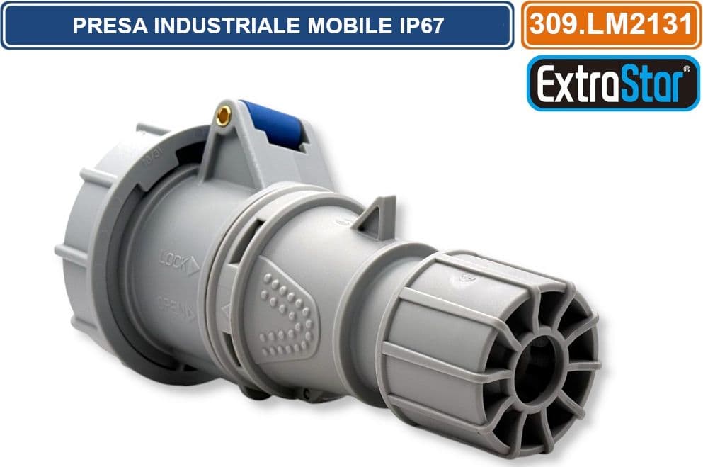 PRESA INDUSTRIALE VOLANTE MONOFASE BLU 16A 2P+E 6H 230V CABLAGGIO A VITE IP67 - 3