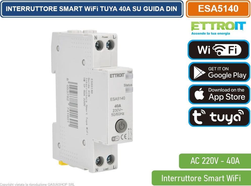 ETTROIT ESA5140 INTERRUTTORE SMART TUYA WIFI 40A SU GUIDA DIN 1M 1P 220V, CONTROLLO TRAMITE APP TUYA PROGRAMMAZIONE, MONITORAGGIO, GESTIONE AUTOMATIZZATA - 4