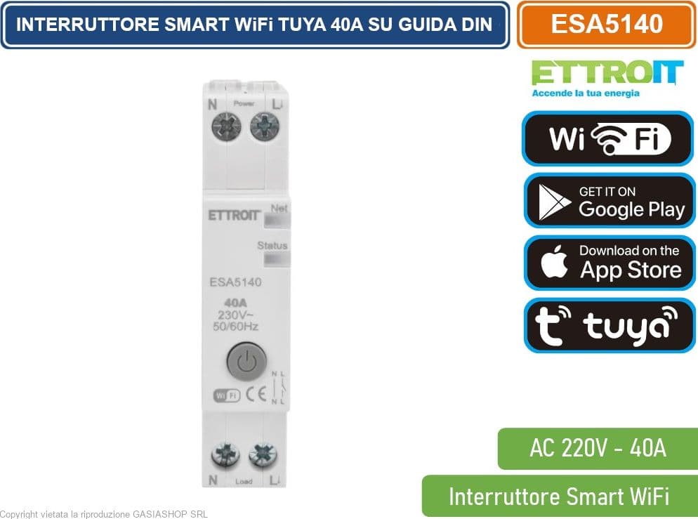 ETTROIT ESA5140 INTERRUTTORE SMART TUYA WIFI 40A SU GUIDA DIN 1M 1P 220V, CONTROLLO TRAMITE APP TUYA PROGRAMMAZIONE, MONITORAGGIO, GESTIONE AUTOMATIZZATA - 2