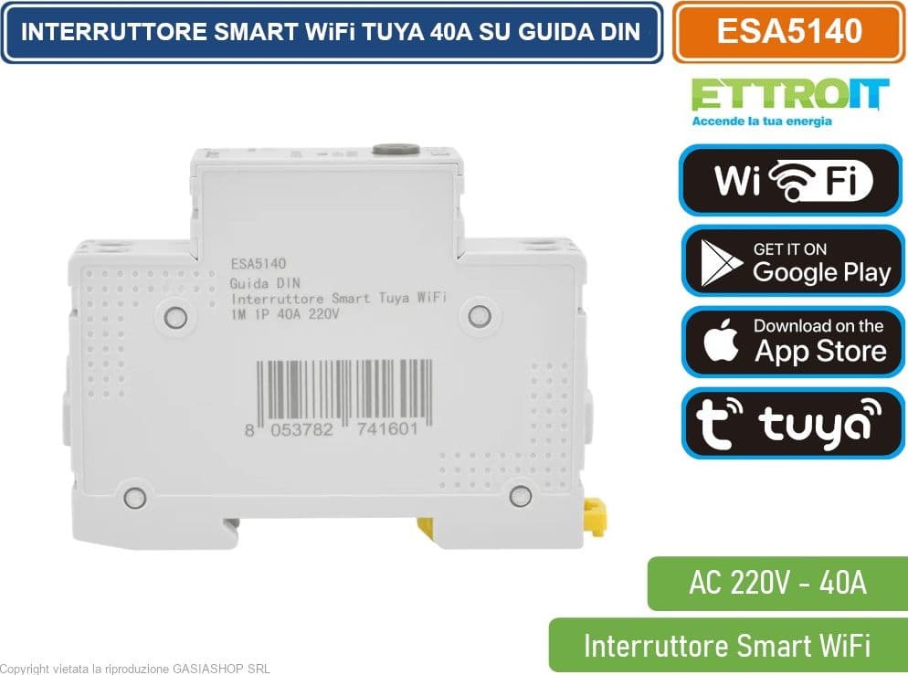 ETTROIT ESA5140 INTERRUTTORE SMART TUYA WIFI 40A SU GUIDA DIN 1M 1P 220V, CONTROLLO TRAMITE APP TUYA PROGRAMMAZIONE, MONITORAGGIO, GESTIONE AUTOMATIZZATA - 3