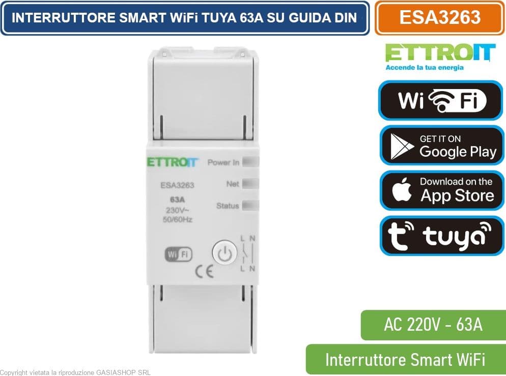 ETTROIT ESA3263 INTERRUTTORE SMART TUYA WIFI 63A SU GUIDA DIN 2M 1P 220V, CONTROLLO TRAMITE APP TUYA PROGRAMMAZIONE, MONITORAGGIO, GESTIONE AUTOMATIZZATA - 2
