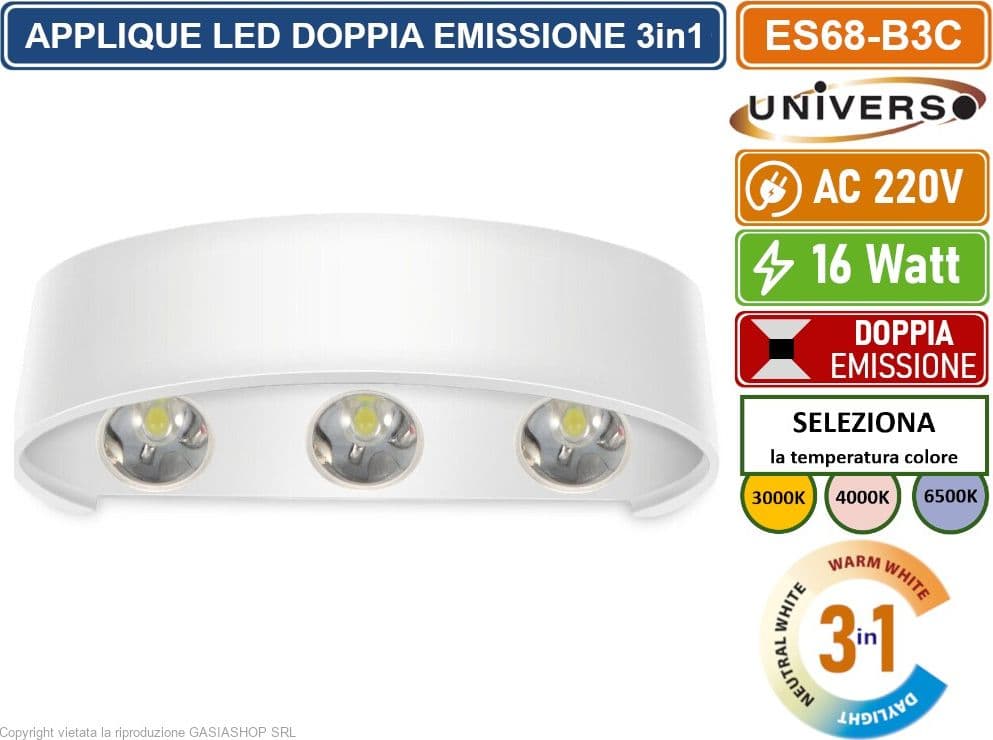 APPLIQUE LAMPADA LED DA MURO BIANCA DOPPIA EMISSIONE LUMINOSA 16W COLORAZIONE LUCE SELEZIONABILE CCT 3000K 4000K 6500K IP65 - 2