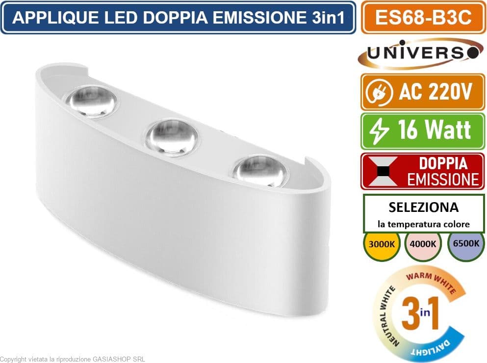 APPLIQUE LAMPADA LED DA MURO BIANCA DOPPIA EMISSIONE LUMINOSA 16W COLORAZIONE LUCE SELEZIONABILE CCT 3000K 4000K 6500K IP65 - 3