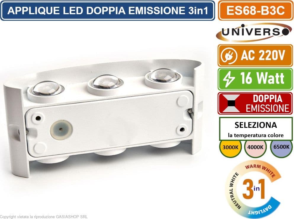 APPLIQUE LAMPADA LED DA MURO BIANCA DOPPIA EMISSIONE LUMINOSA 16W COLORAZIONE LUCE SELEZIONABILE CCT 3000K 4000K 6500K IP65 - 4