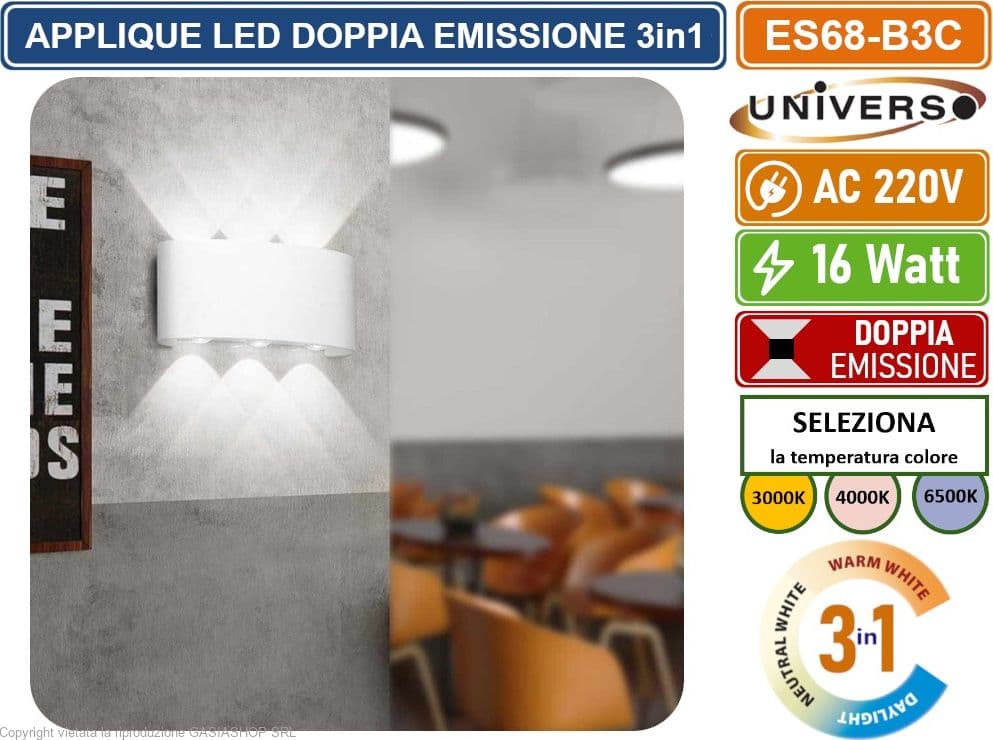 APPLIQUE LAMPADA LED DA MURO BIANCA DOPPIA EMISSIONE LUMINOSA 16W COLORAZIONE LUCE SELEZIONABILE CCT 3000K 4000K 6500K IP65 - 5
