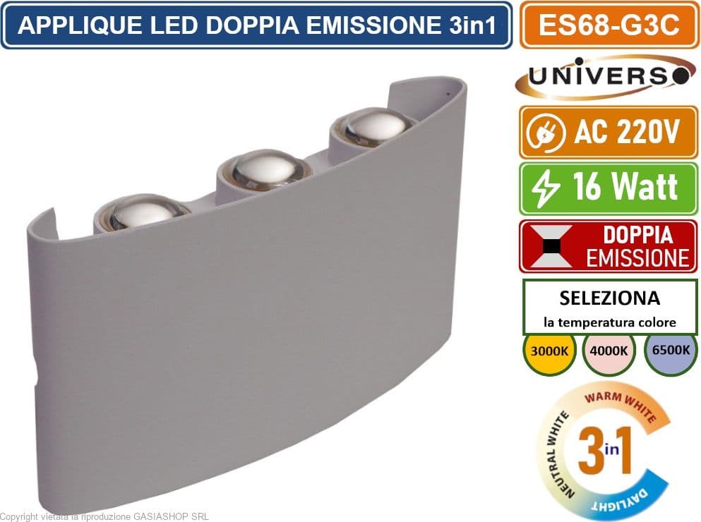 APPLIQUE LAMPADA LED DA MURO GRIGIA DOPPIA EMISSIONE LUMINOSA 16W COLORAZIONE LUCE SELEZIONABILE CCT 3000K 4000K 6500K IP65 - 2