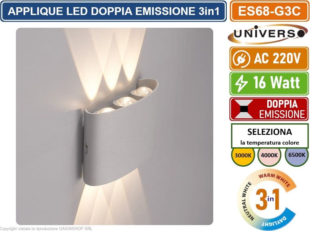 APPLIQUE LAMPADA LED DA MURO GRIGIA DOPPIA EMISSIONE LUMINOSA 16W COLORAZIONE LUCE SELEZIONABILE CCT 3000K 4000K 6500K IP65 - 3