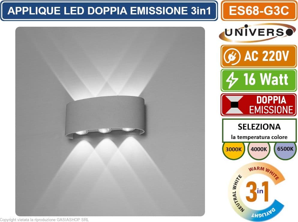 APPLIQUE LAMPADA LED DA MURO GRIGIA DOPPIA EMISSIONE LUMINOSA 16W COLORAZIONE LUCE SELEZIONABILE CCT 3000K 4000K 6500K IP65 - 4
