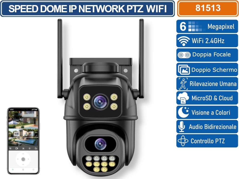 TELECAMERA SPEED DOME PTZ WIFI 6 MP DOUBLE LENS AUTOTRACKING RICONOSCOMENTO UMANO AUDIO BIDIREZIONALE COMPATIBILE ONVIF IP65 - 2