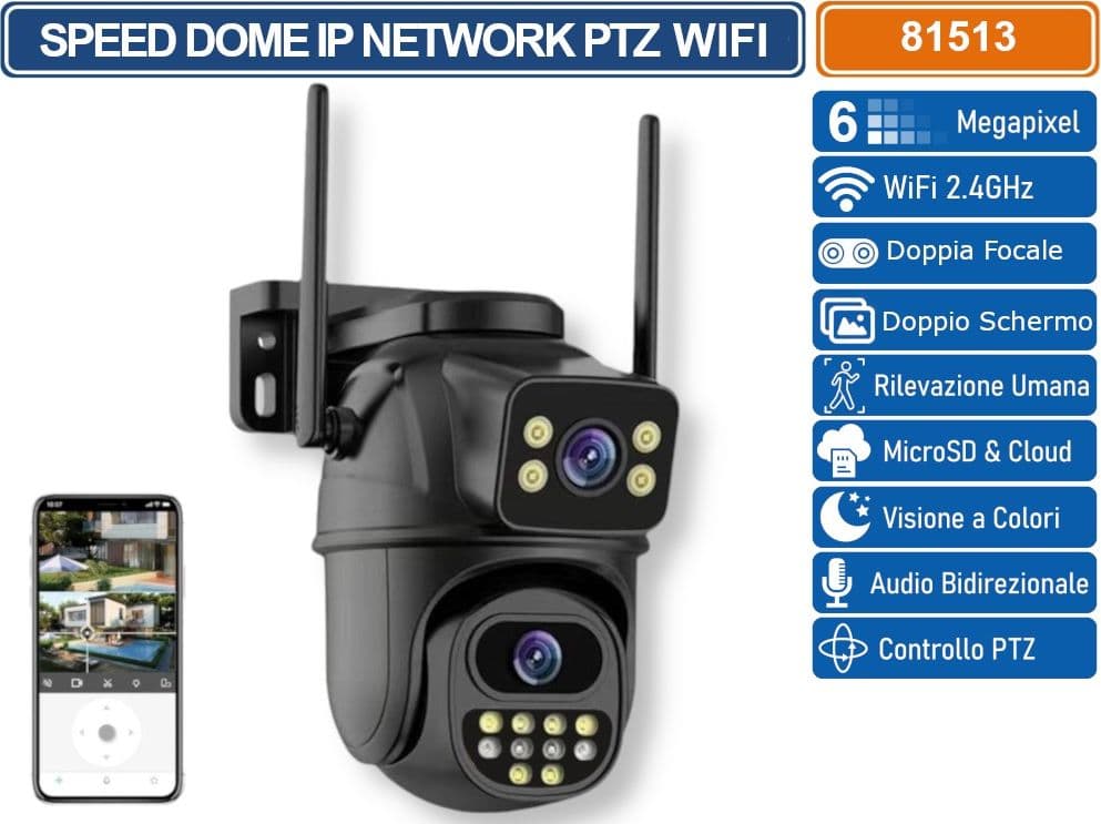 TELECAMERA SPEED DOME PTZ WIFI 6 MP DOUBLE LENS AUTOTRACKING RICONOSCOMENTO UMANO AUDIO BIDIREZIONALE COMPATIBILE ONVIF IP65 - 3