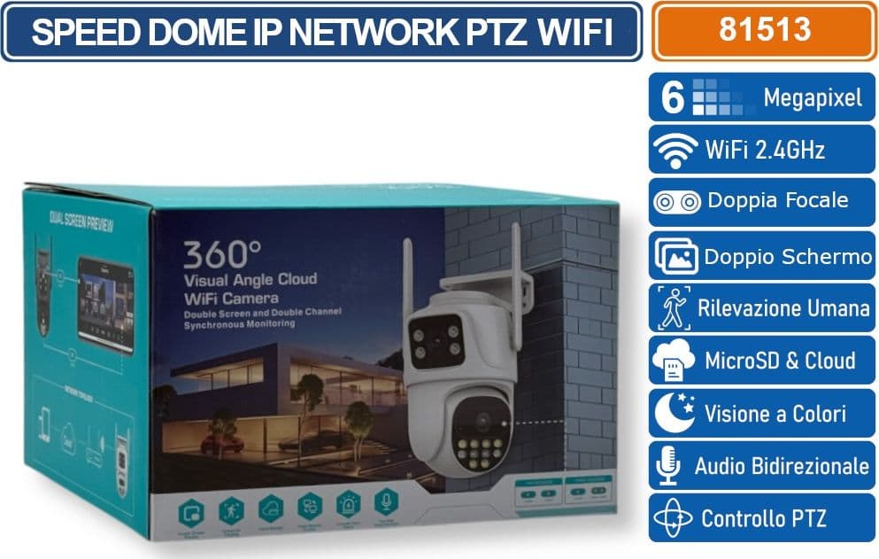 TELECAMERA SPEED DOME PTZ WIFI 6 MP DOUBLE LENS AUTOTRACKING RICONOSCOMENTO UMANO AUDIO BIDIREZIONALE COMPATIBILE ONVIF IP65 - 4