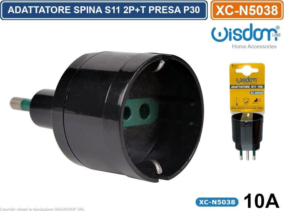 ADATTATORE SINGOLO SPINA S11 10A 2P+T CON PRESA SCHUKO + 10A 2P+T COLORE NERO - 5