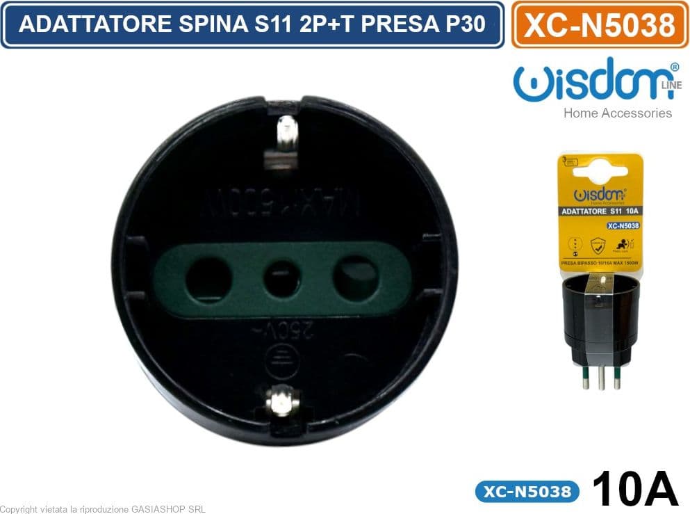 ADATTATORE SINGOLO SPINA S11 10A 2P+T CON PRESA SCHUKO + 10A 2P+T COLORE NERO - 2