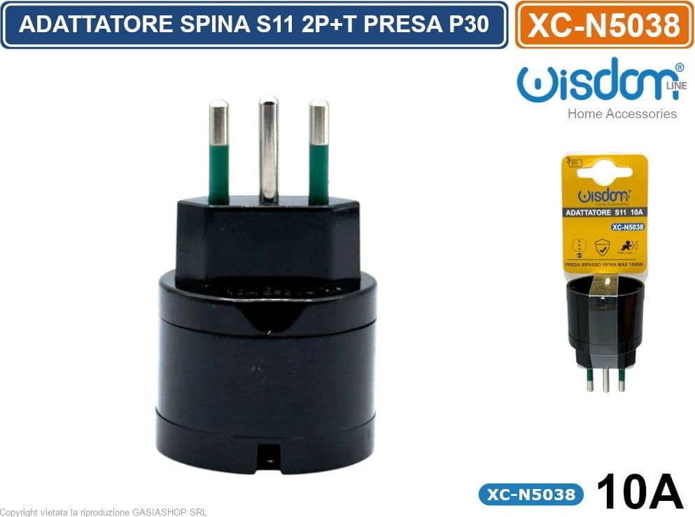 ADATTATORE SINGOLO SPINA S11 10A 2P+T CON PRESA SCHUKO + 10A 2P+T COLORE NERO - 3