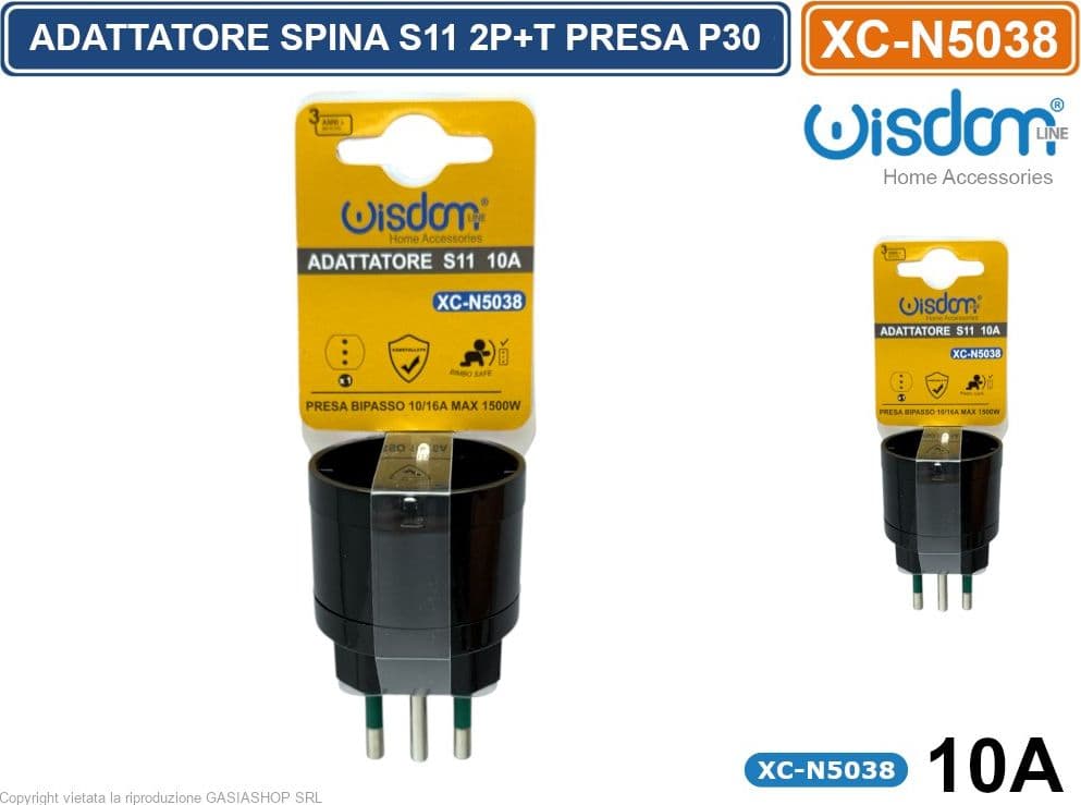 ADATTATORE SINGOLO SPINA S11 10A 2P+T CON PRESA SCHUKO + 10A 2P+T COLORE NERO - 4