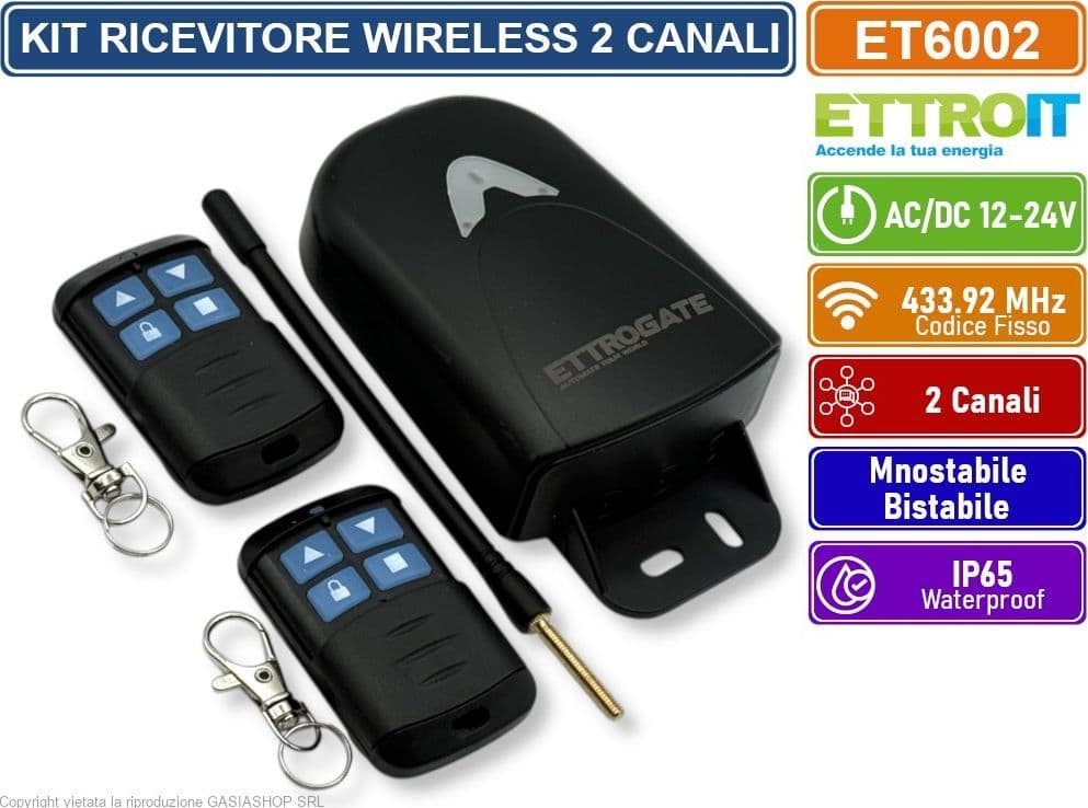 KIT RICEVITORE CENTRALINA UNIVERSALE DA ESTERNO WIRELESS 433MHz CON 2 TELECOMANDI AC/DC 12-24V MONOSTABILE BISTABILE IP65 - 6