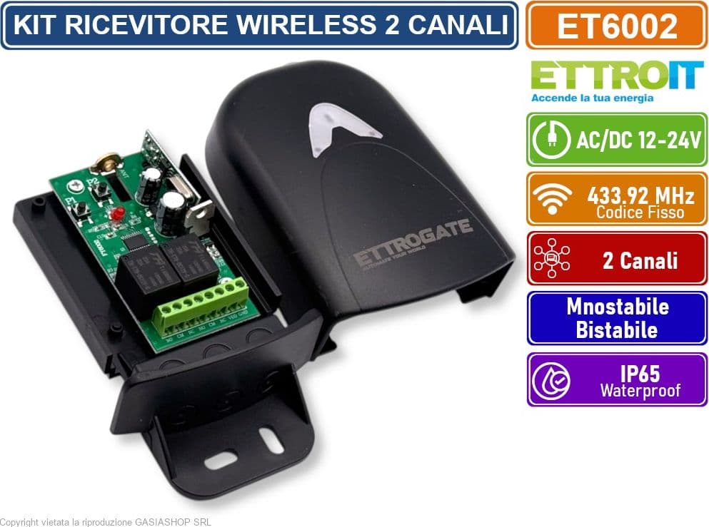 KIT RICEVITORE CENTRALINA UNIVERSALE DA ESTERNO WIRELESS 433MHz CON 2 TELECOMANDI AC/DC 12-24V MONOSTABILE BISTABILE IP65 - 2