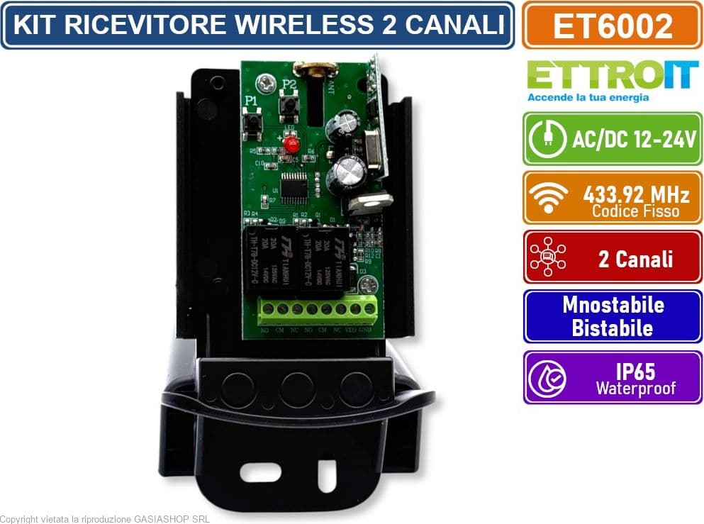 KIT RICEVITORE CENTRALINA UNIVERSALE DA ESTERNO WIRELESS 433MHz CON 2 TELECOMANDI AC/DC 12-24V MONOSTABILE BISTABILE IP65 - 3