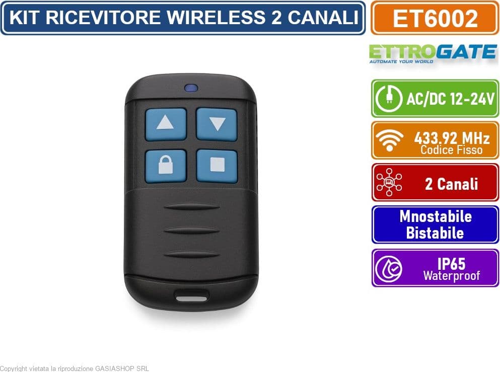 KIT RICEVITORE CENTRALINA UNIVERSALE DA ESTERNO WIRELESS 433MHz CON 2 TELECOMANDI AC/DC 12-24V MONOSTABILE BISTABILE IP65 - 4