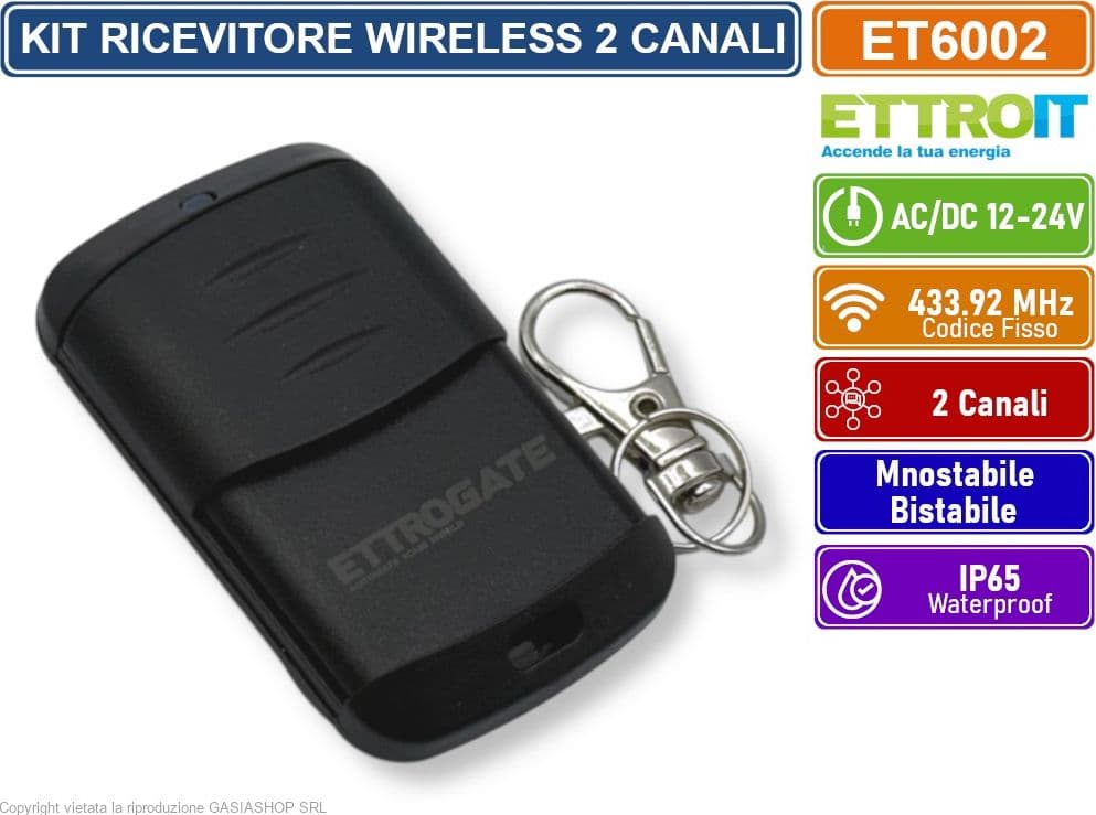 KIT RICEVITORE CENTRALINA UNIVERSALE DA ESTERNO WIRELESS 433MHz CON 2 TELECOMANDI AC/DC 12-24V MONOSTABILE BISTABILE IP65 - 5