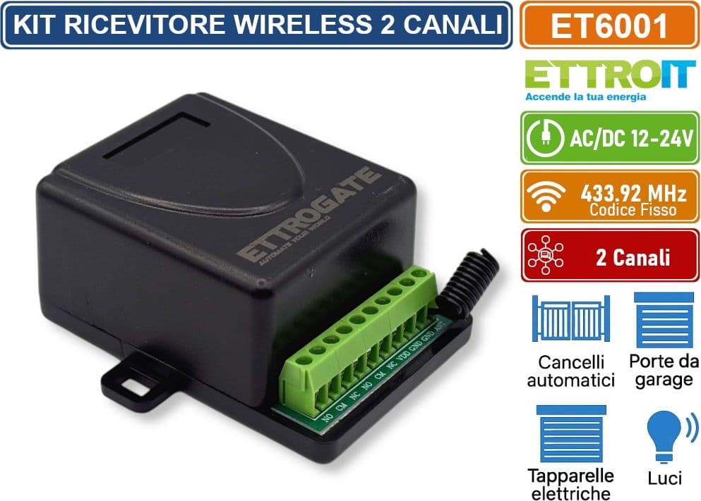 KIT RICEVITORE WIRELESS UNIVERSALE 433MHz CENTRALINA + 2 TELECOMANDI MONOSTABILE BISTABILE IP20 - 2