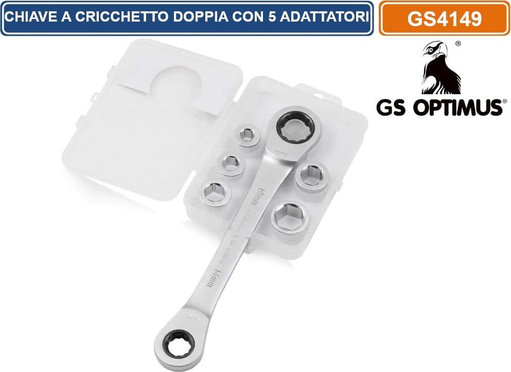 GS OPTIMUS GS4149 CHIAVE A CRICCHETTO DOPPIO ACCIAIO AL CROMO VANADIO CON 5 ADATTATORI DA 8 A 19 MM - 2