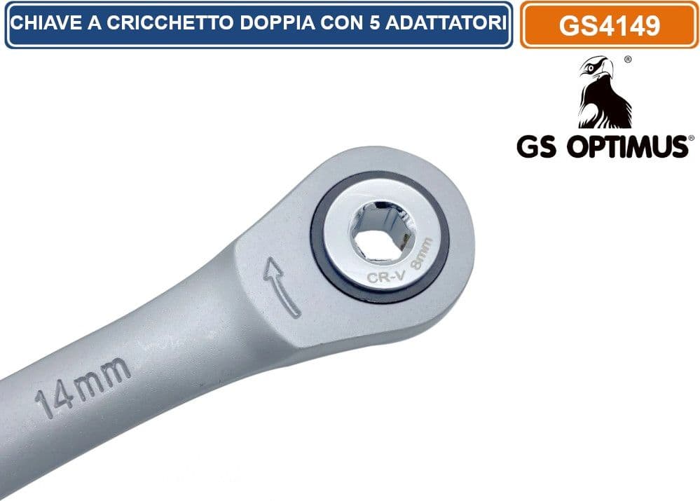 GS OPTIMUS GS4149 CHIAVE A CRICCHETTO DOPPIO ACCIAIO AL CROMO VANADIO CON 5 ADATTATORI DA 8 A 19 MM - 3