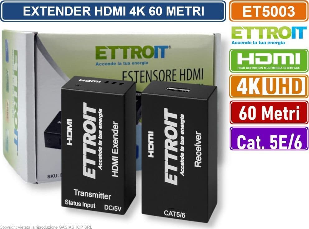 ETTROIT ET5003 EXTENDER ESTENSORE HDMI SU CAVO LAN CAT 5E CAT6 ULTRA HD 4K FINO A 60 METRI - 6