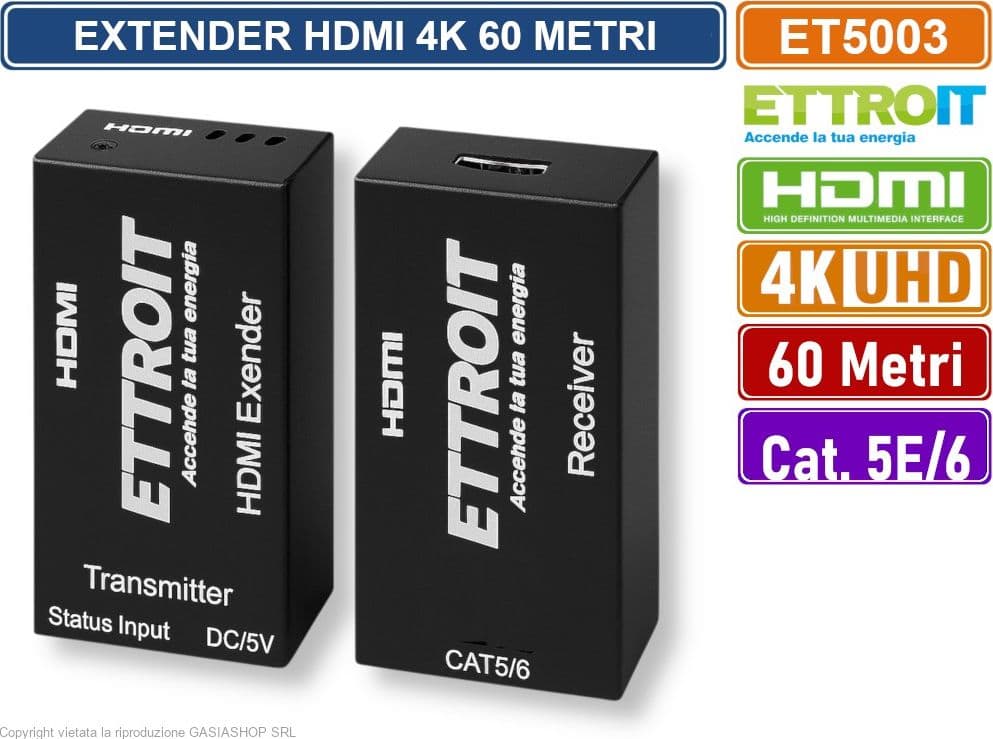ETTROIT ET5003 EXTENDER ESTENSORE HDMI SU CAVO LAN CAT 5E CAT6 ULTRA HD 4K FINO A 60 METRI - 2