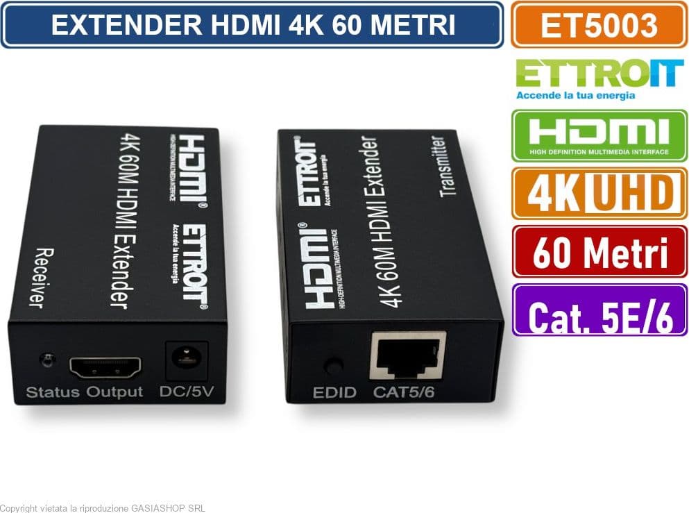 ETTROIT ET5003 EXTENDER ESTENSORE HDMI SU CAVO LAN CAT 5E CAT6 ULTRA HD 4K FINO A 60 METRI - 3