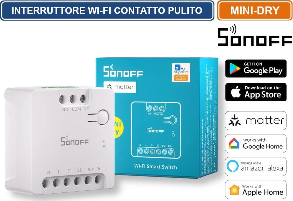 SONOFF MINI-D INTERRUTTORE INTELLIGENTE WI-FI A CONTATTO PULITO ALIMENTAZIONE AC/DC