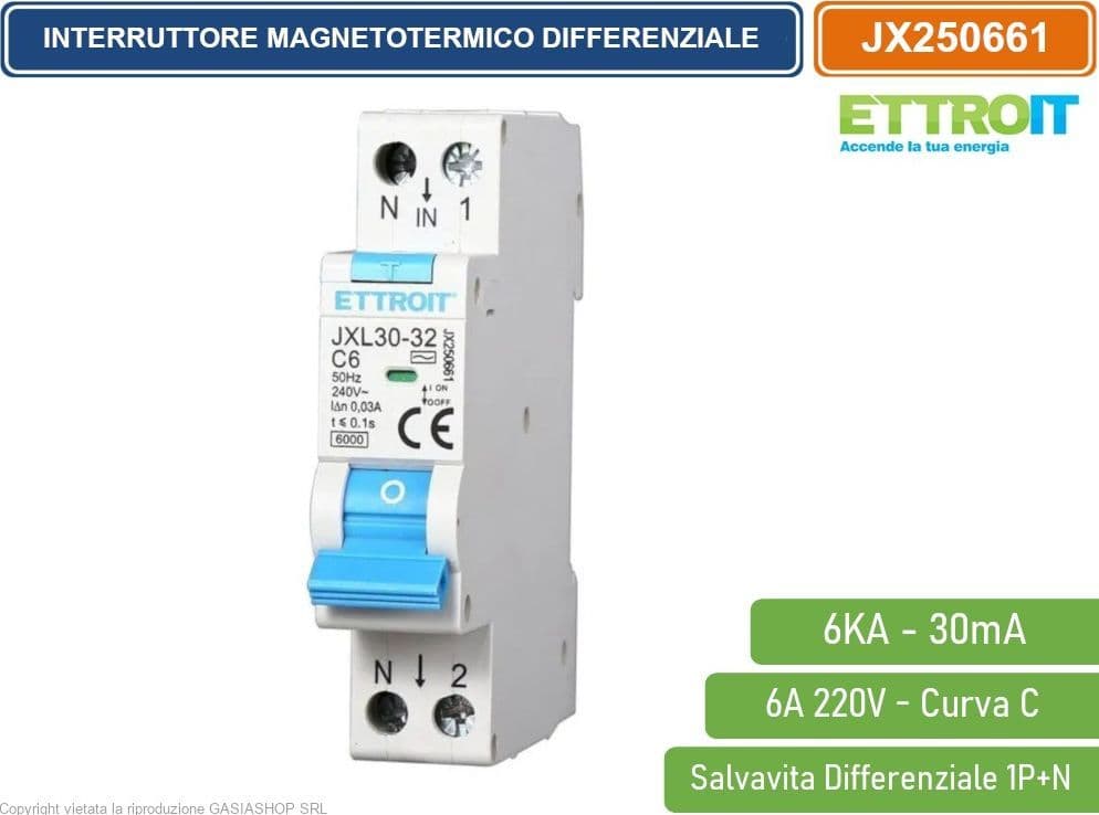 ETTROIT INTERRUTTORE MAGNETOTERMICO DIFFERENZIALE SALVAVITA PER BARRA DIN 1 MODULO 1P+N 6A 30mA 220V-6KA - 4