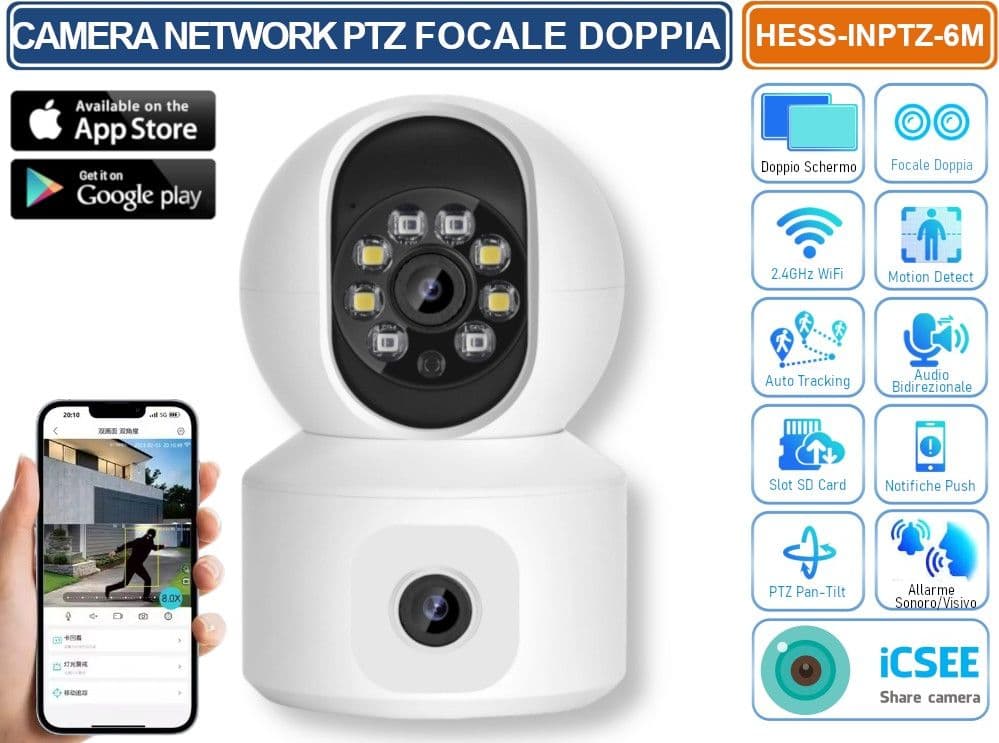 TELECAMERA IP PTZ WIFI DA INTERNO 6MP ONVIF FUNZIONI SMARTS AUTOTRACKING HUMAN DETECT REGISTRA SU SD-CARD AUDIO BIDIREZIONALE - 2