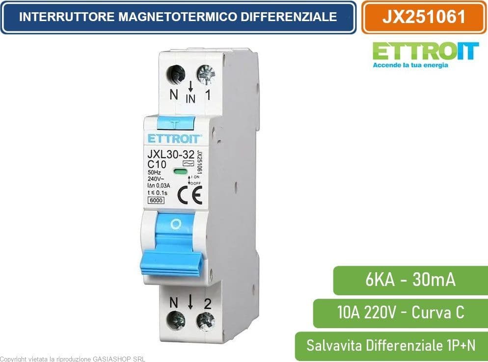 ETTROIT INTERRUTTORE MAGNETOTERMICO DIFFERENZIALE SALVAVITA PER BARRA DIN 1 MODULO 1P+N 10A 30mA 220V-6KA - 4