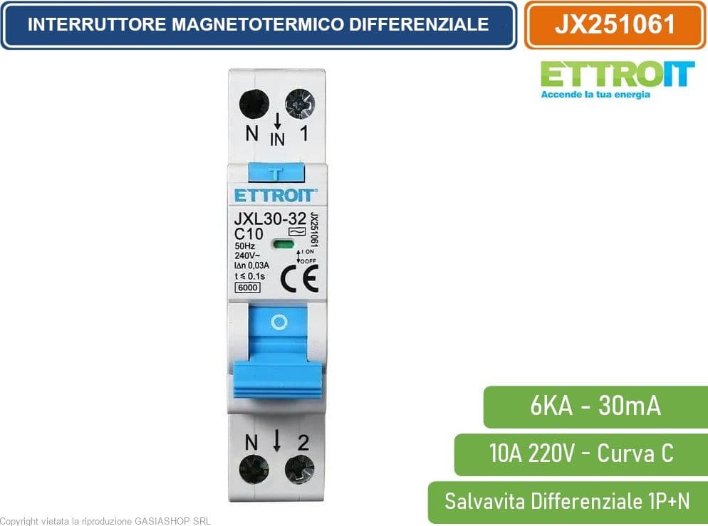 ETTROIT INTERRUTTORE MAGNETOTERMICO DIFFERENZIALE SALVAVITA PER BARRA DIN 1 MODULO 1P+N 10A 30mA 220V-6KA - 2