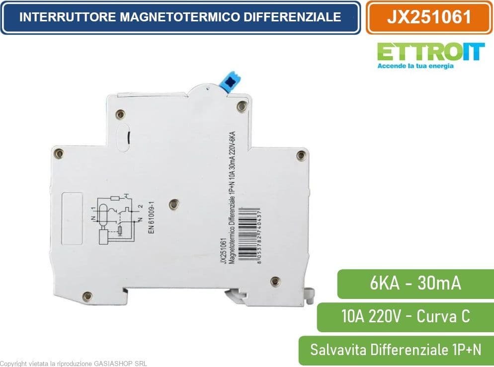 ETTROIT INTERRUTTORE MAGNETOTERMICO DIFFERENZIALE SALVAVITA PER BARRA DIN 1 MODULO 1P+N 10A 30mA 220V-6KA - 3