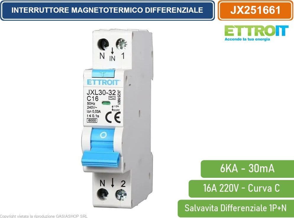 ETTROIT INTERRUTTORE MAGNETOTERMICO DIFFERENZIALE SALVAVITA PER BARRA DIN 1 MODULO 1P+N 16A 30mA 220V-6KA - 4