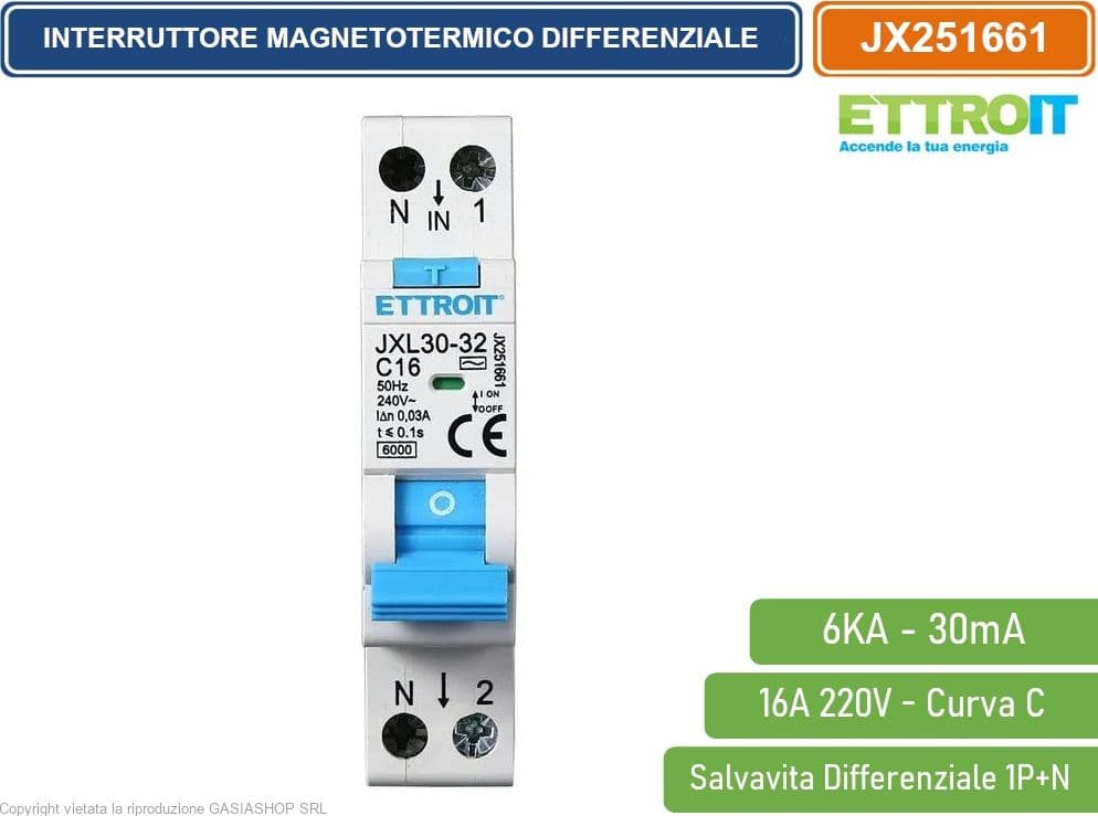 ETTROIT INTERRUTTORE MAGNETOTERMICO DIFFERENZIALE SALVAVITA PER BARRA DIN 1 MODULO 1P+N 16A 30mA 220V-6KA - 2