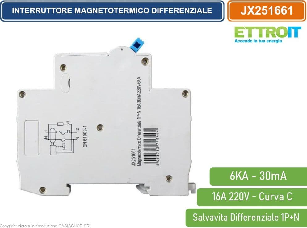 ETTROIT INTERRUTTORE MAGNETOTERMICO DIFFERENZIALE SALVAVITA PER BARRA DIN 1 MODULO 1P+N 16A 30mA 220V-6KA - 3