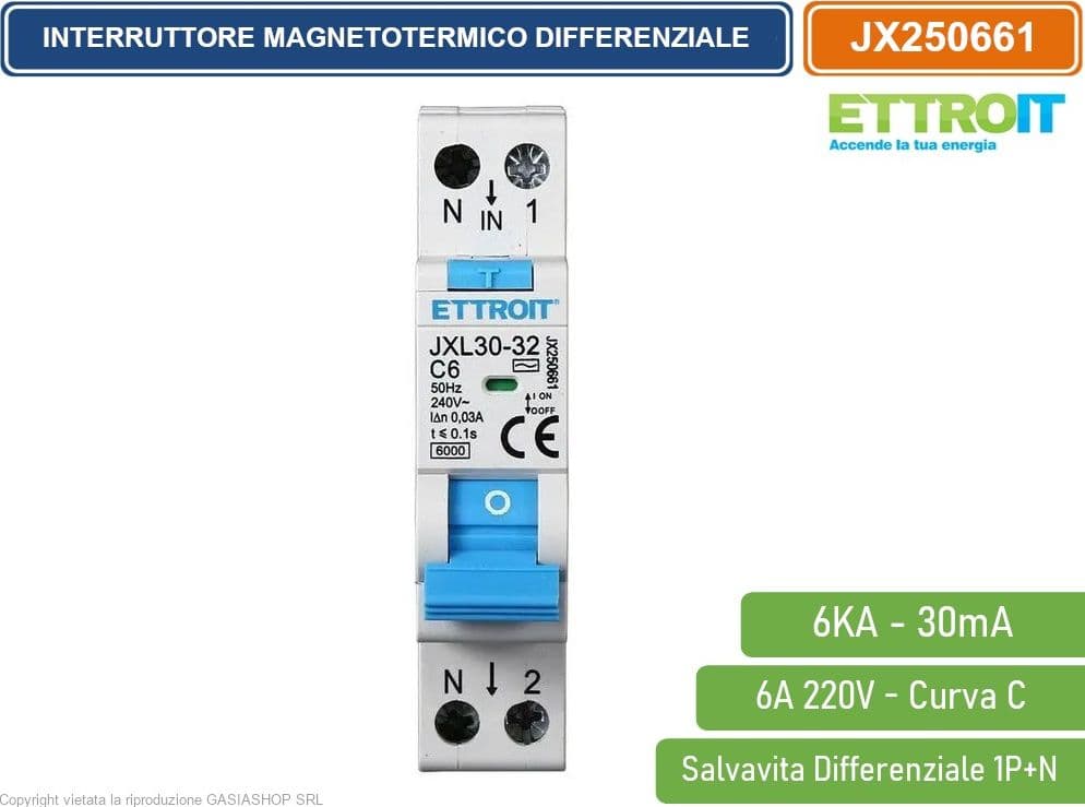 ETTROIT INTERRUTTORE MAGNETOTERMICO DIFFERENZIALE SALVAVITA PER BARRA DIN 1 MODULO 1P+N 20A 30mA 220V-6KA - 2